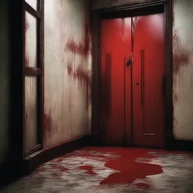 As the door creaked open, a thick red liquid began to spirit out from the dark room, filling the main character with fear and dread.