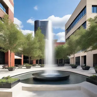 The modern fountain in the center of the plaza spirts water high up into the air, creating an elegant focal point for the entire space.