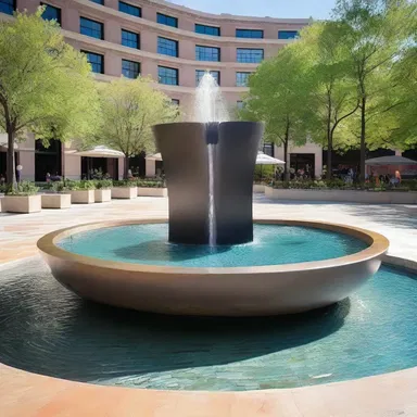 The modern fountain in the center of the plaza spirts water high up into the air, creating an elegant focal point for the entire space.