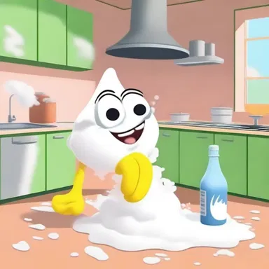 In the cartoon, the mischievous character accidentally spills a pile of potassium bitartrate, causing the whole kitchen to become a foamy mess.