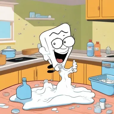 In the cartoon, the mischievous character accidentally spills a pile of potassium bitartrate, causing the whole kitchen to become a foamy mess.