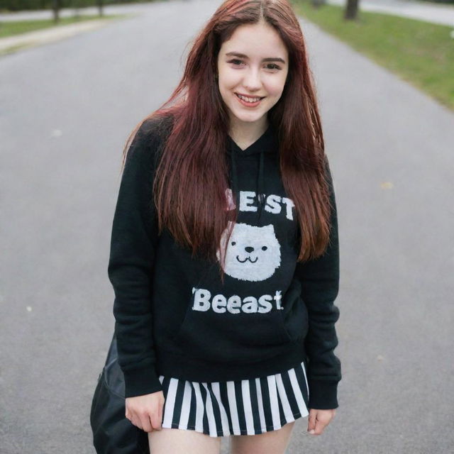 A beautiful, cute 18-year-old girl with a blushing smile. She has dark red, shaggy long hair, red eyebrows and eyes, dons a black hoodie with the word 'beast', holds a black carrying bag, wears a black and white striped mini skirt, white sneakers and long white socks.