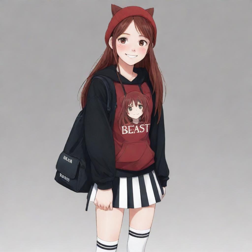 Illustrate an anime girl, 18 years old, with a cute blushing smile. She has shaggy long dark red hair with matching eyebrows and eyes. She is wearing a black hoodie with 'beast' writing, a black carrying bag, a black and white striped mini skirt, with white sneakers and long white socks.