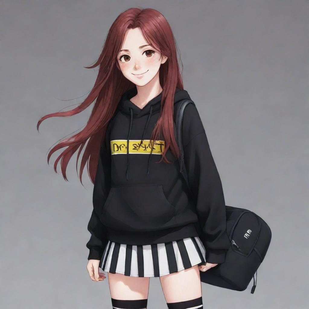 Illustrate an anime girl, 18 years old, with a cute blushing smile. She has shaggy long dark red hair with matching eyebrows and eyes. She is wearing a black hoodie with 'beast' writing, a black carrying bag, a black and white striped mini skirt, with white sneakers and long white socks.