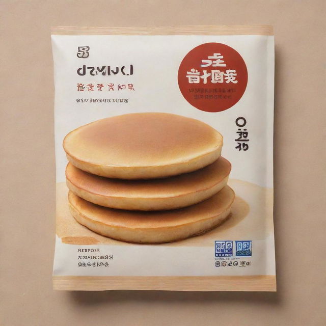 A packaging cover for a Dorayaki pancake with appealing design, all text in English. Include 'Dorayaki Pancake' as the product name and a section showcasing the nutritional value.