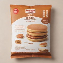 A packaging cover for a Dorayaki pancake with appealing design, all text in English. Include 'Dorayaki Pancake' as the product name and a section showcasing the nutritional value.