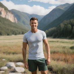 A fit, healthy man standing amidst a vibrant, serene natural landscape.