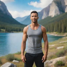 A fit, healthy man standing amidst a vibrant, serene natural landscape.