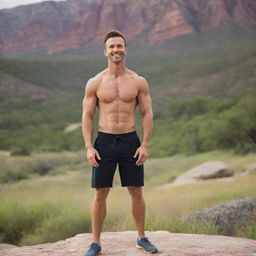 A fit, healthy man standing amidst a vibrant, serene natural landscape.