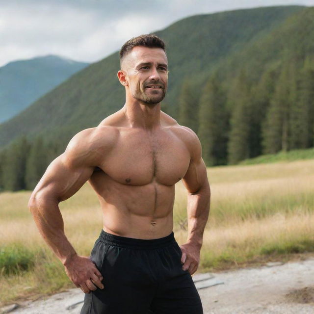 A fit man doing an outdoor exercise routine in a naturally beautiful environment