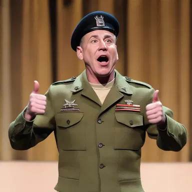 During his stand-up comedy routine, the comedian joked about a fictional scenario where an inept soldier accidentally wore his insignia of rank upside down.