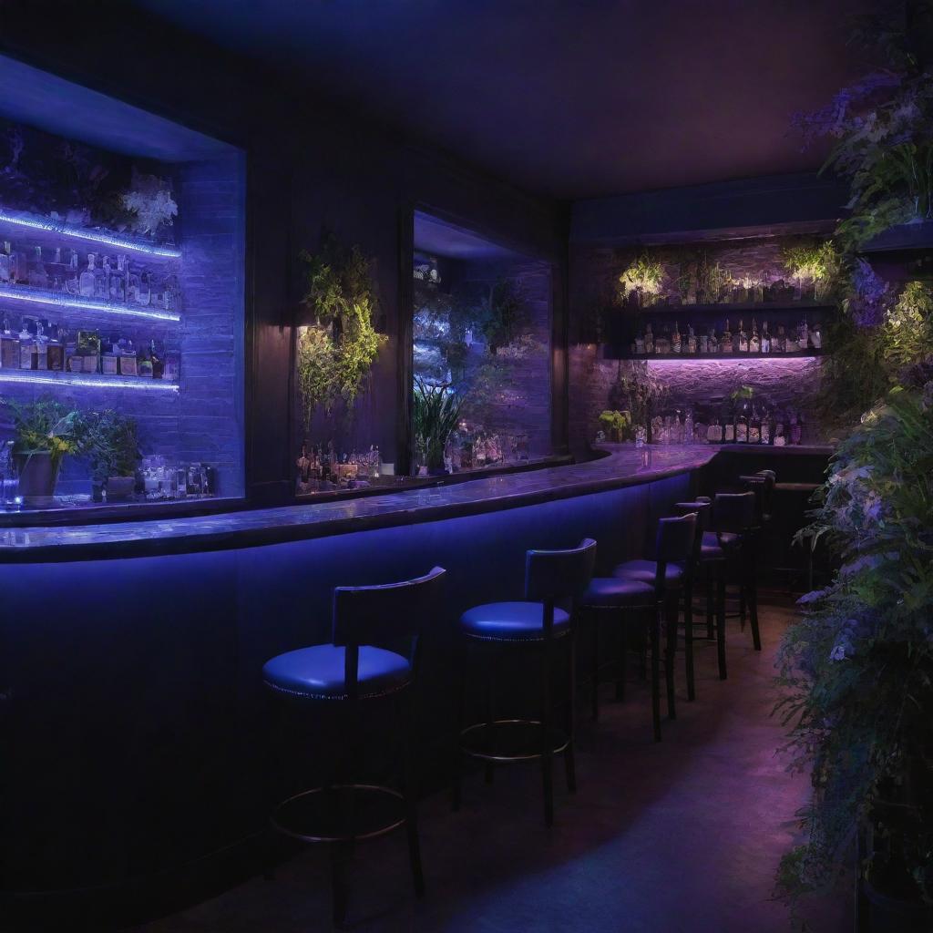 Interior design of a dimly lit bar, infused with ethereal blue and purple lighting, adjacent to a lush, verdant indoor garden.