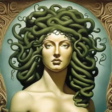 In Greek mythology, Medusa is often portrayed as a monstrous creature with snakes for hair, turning people to stone when they looked at her headshot.