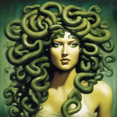 In Greek mythology, Medusa is often portrayed as a monstrous creature with snakes for hair, turning people to stone when they looked at her headshot.