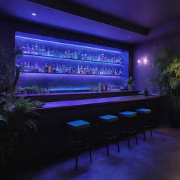 Interior design of a dimly lit bar, infused with ethereal blue and purple lighting, adjacent to a lush, verdant indoor garden.