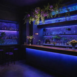 Interior design of a dimly lit bar, infused with ethereal blue and purple lighting, adjacent to a lush, verdant indoor garden.