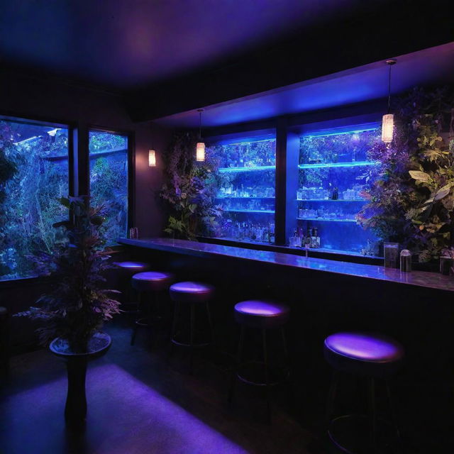 Interior design of a dimly lit bar, infused with ethereal blue and purple lighting, adjacent to a lush, verdant indoor garden.