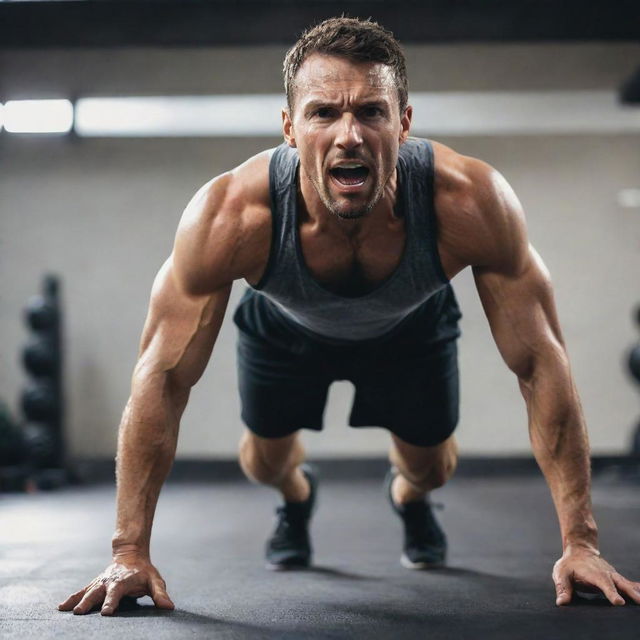 A fit man in the middle of a high-energy workout, with sweat flying off him as he moves through his exercise routine.