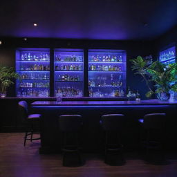 Interior of a dark-themed bar, beautifully illuminated by a blend of natural sunlight and blue-purple lights, featuring accents of a lush green garden.