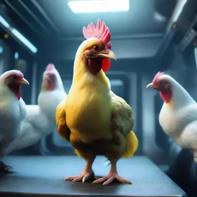 In the futuristic space adventure, the crew encountered a chicken alien species known for their easily frightened nature, causing them to cower in fear at the slightest disturbance.