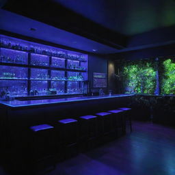 Interior of a dark-themed bar, beautifully illuminated by a blend of natural sunlight and blue-purple lights, featuring accents of a lush green garden.