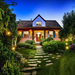 Quaint and charming house, surrounded by a beautiful garden, warm welcoming lights