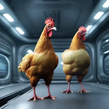 In the futuristic space adventure, the crew encountered a chicken alien species known for their easily frightened nature, causing them to cower in fear at the slightest disturbance.