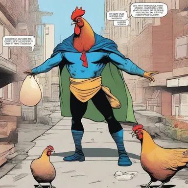 In this superhero comic series, Chicken Man fights crime while still managing to lay eggs.