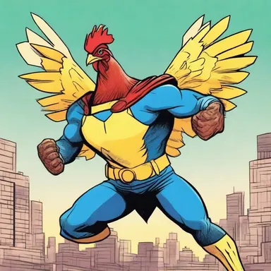In this superhero comic series, Chicken Man fights crime while still managing to lay eggs.