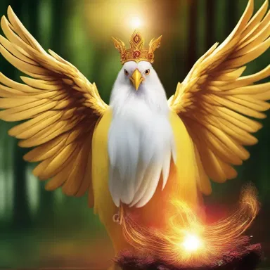 In the enchanted kingdom, the wise old wizard transforms a timid chicken into a majestic golden phoenix.