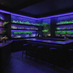 Interior of a dark-themed bar, beautifully illuminated by a blend of natural sunlight and blue-purple lights, featuring accents of a lush green garden.