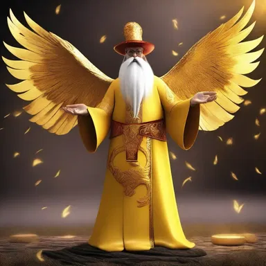 In the enchanted kingdom, the wise old wizard transforms a timid chicken into a majestic golden phoenix.