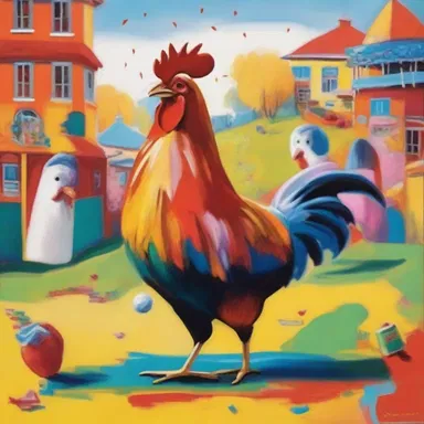 The artist painted a vibrant and whimsical scene featuring a chicken participating in a daring contest.