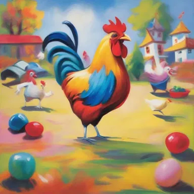 The artist painted a vibrant and whimsical scene featuring a chicken participating in a daring contest.