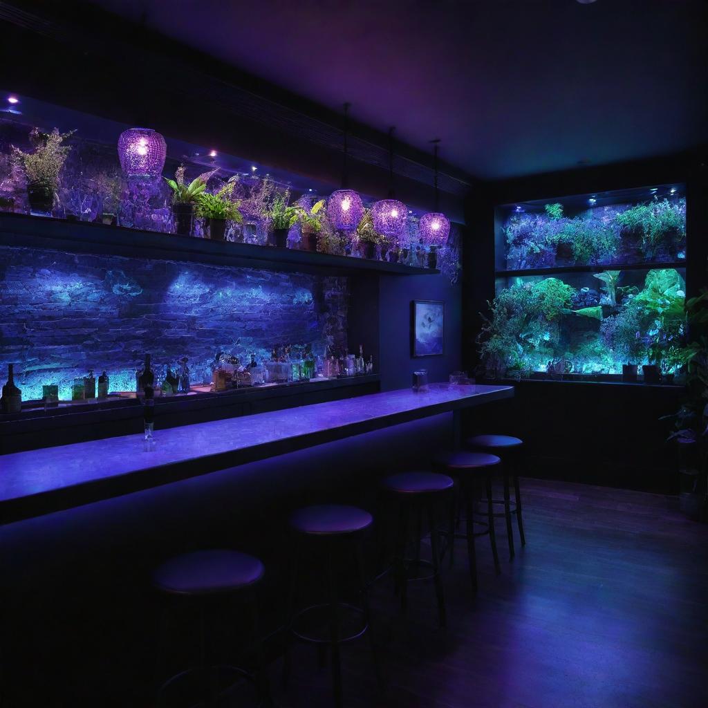 Interior of a dark-themed bar, beautifully illuminated by a blend of natural sunlight and blue-purple lights, featuring accents of a lush green garden.