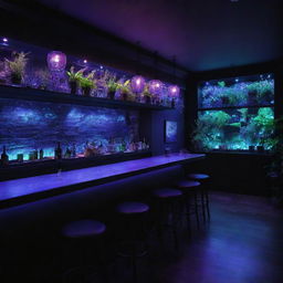 Interior of a dark-themed bar, beautifully illuminated by a blend of natural sunlight and blue-purple lights, featuring accents of a lush green garden.