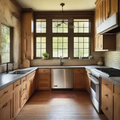 The kitchen in this house has a rustic theme with chicken wire cabinets.