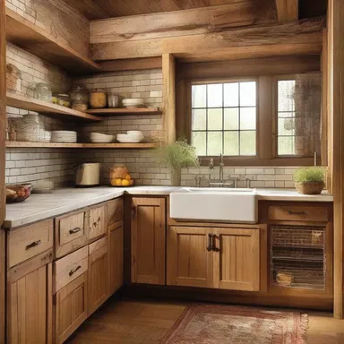 The kitchen in this house has a rustic theme with chicken wire cabinets.