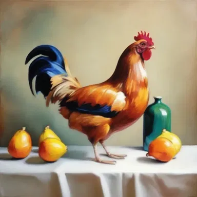 The artist painted a beautiful still life of a chicken as a centerpiece.