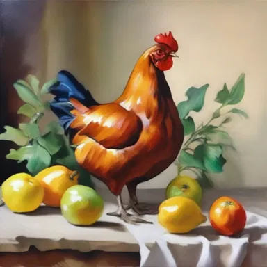 The artist painted a beautiful still life of a chicken as a centerpiece.