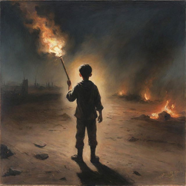 A painting of a boy facing a battlefield, holding a torch in his hand, with shadows retreating around him.