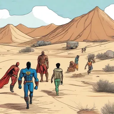 In the comic book, the superheroes visit a dried-up desert and rescue the villagers from the water shortage.