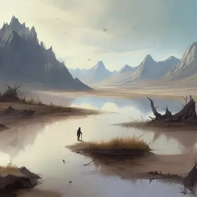 In the fantasy novel, the protagonist enters a dried-up realm where the once-majestic lakes have all disappeared.
