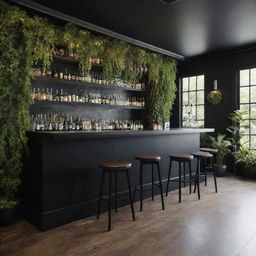 Interior design of a dark-themed bar with a refreshing green garden and pleasing natural light filtering in.