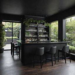 Interior design of a dark-themed bar with a refreshing green garden and pleasing natural light filtering in.