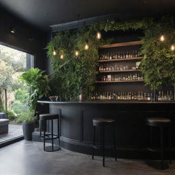 Interior design of a dark-themed bar with a refreshing green garden and pleasing natural light filtering in.