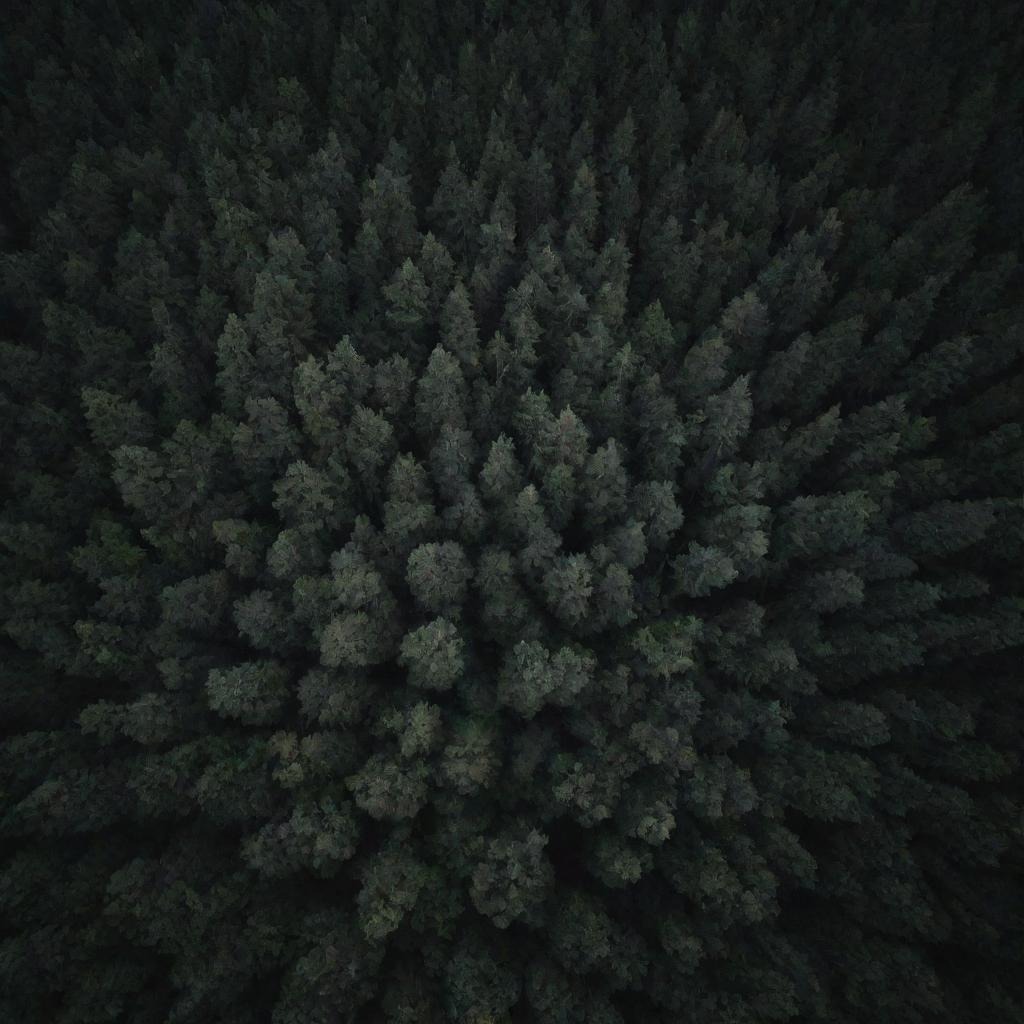 An aerial view of a dark, dense forest