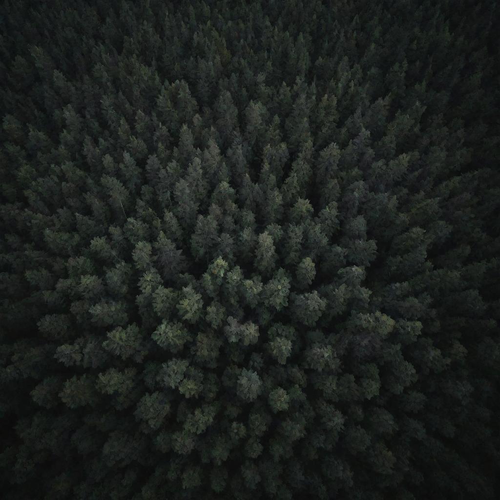 An aerial view of a dark, dense forest