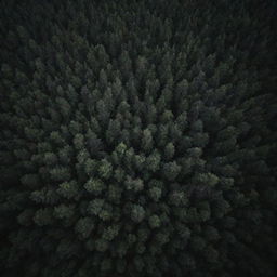 An aerial view of a dark, dense forest