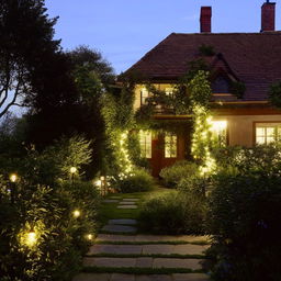 Quaint and charming house, surrounded by a beautiful garden, warm welcoming lights